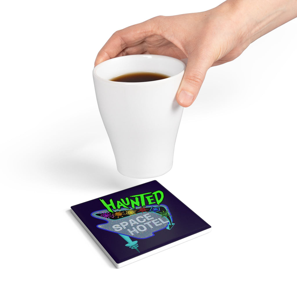 Haunted Space Hotel Ceramic Coaster — Retro Neon Sci‑Fi Drink Coaster
