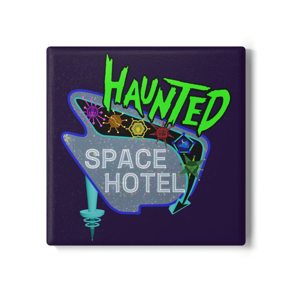 Haunted Space Hotel Ceramic Coaster — Retro Neon Sci‑Fi Drink Coaster