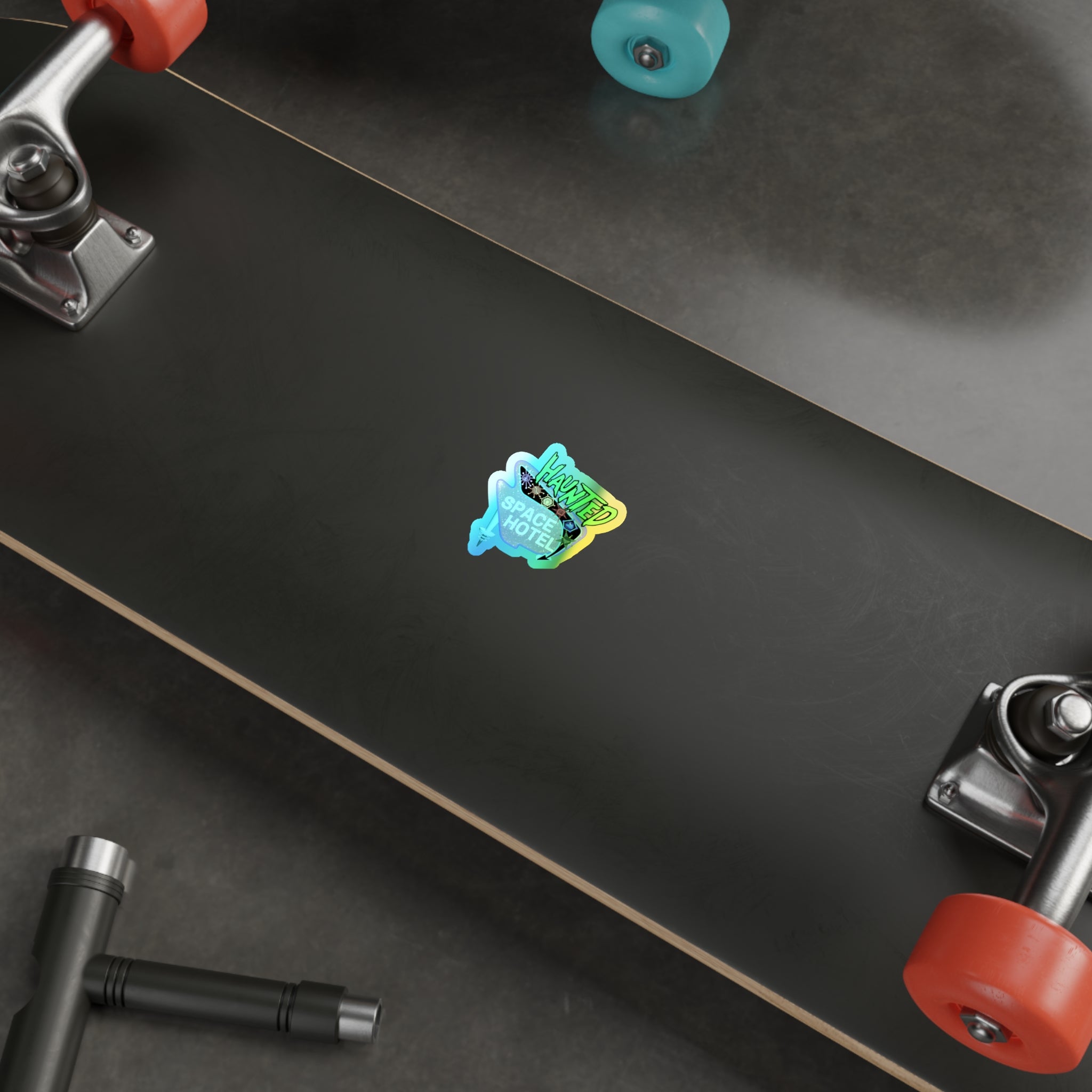 Holographic "Haunted Space Hotel" Die-Cut Sticker — Retro Neon Sci‑Fi Decal