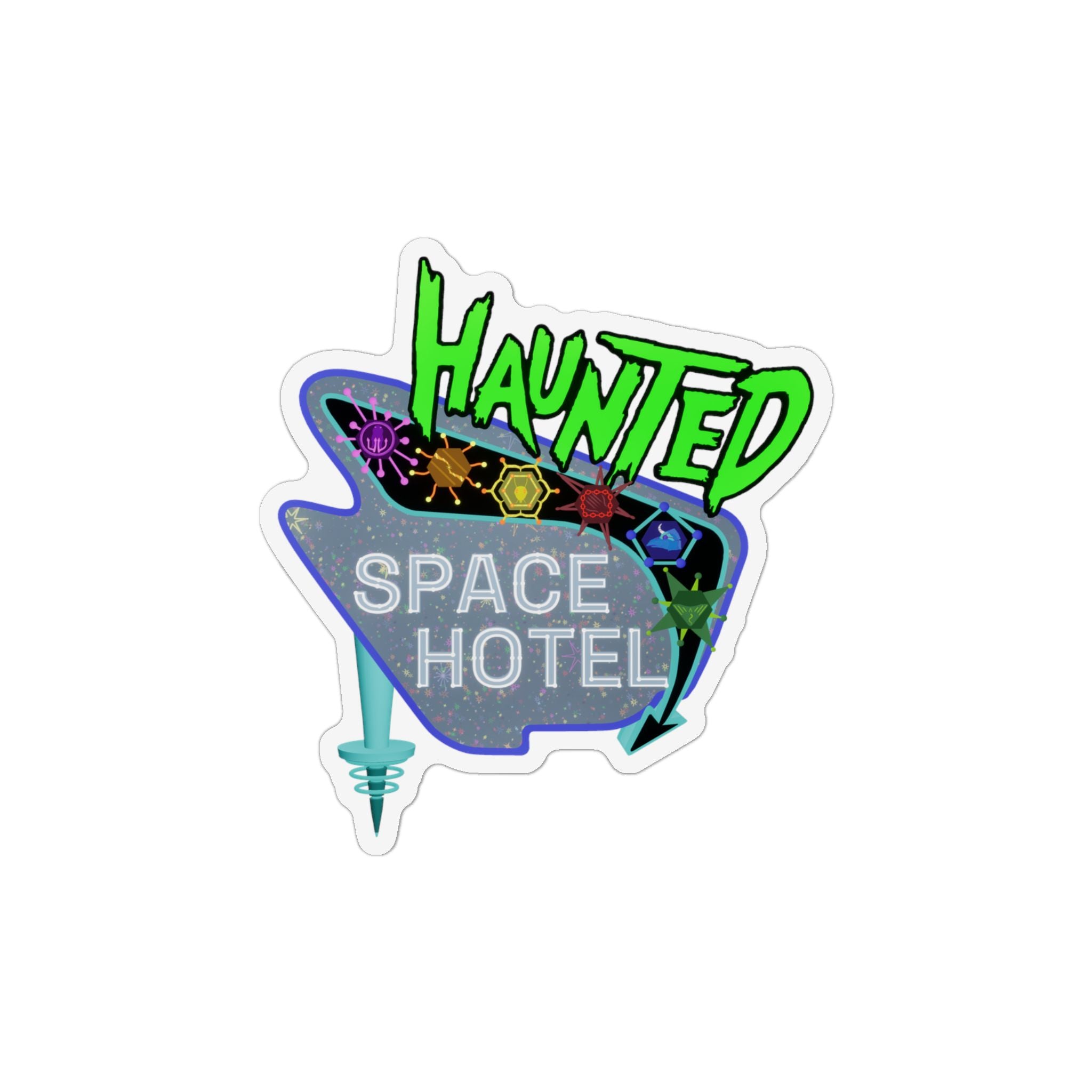 Haunted Space Hotel Magnet — Retro Neon Sci‑Fi Fridge Magnet