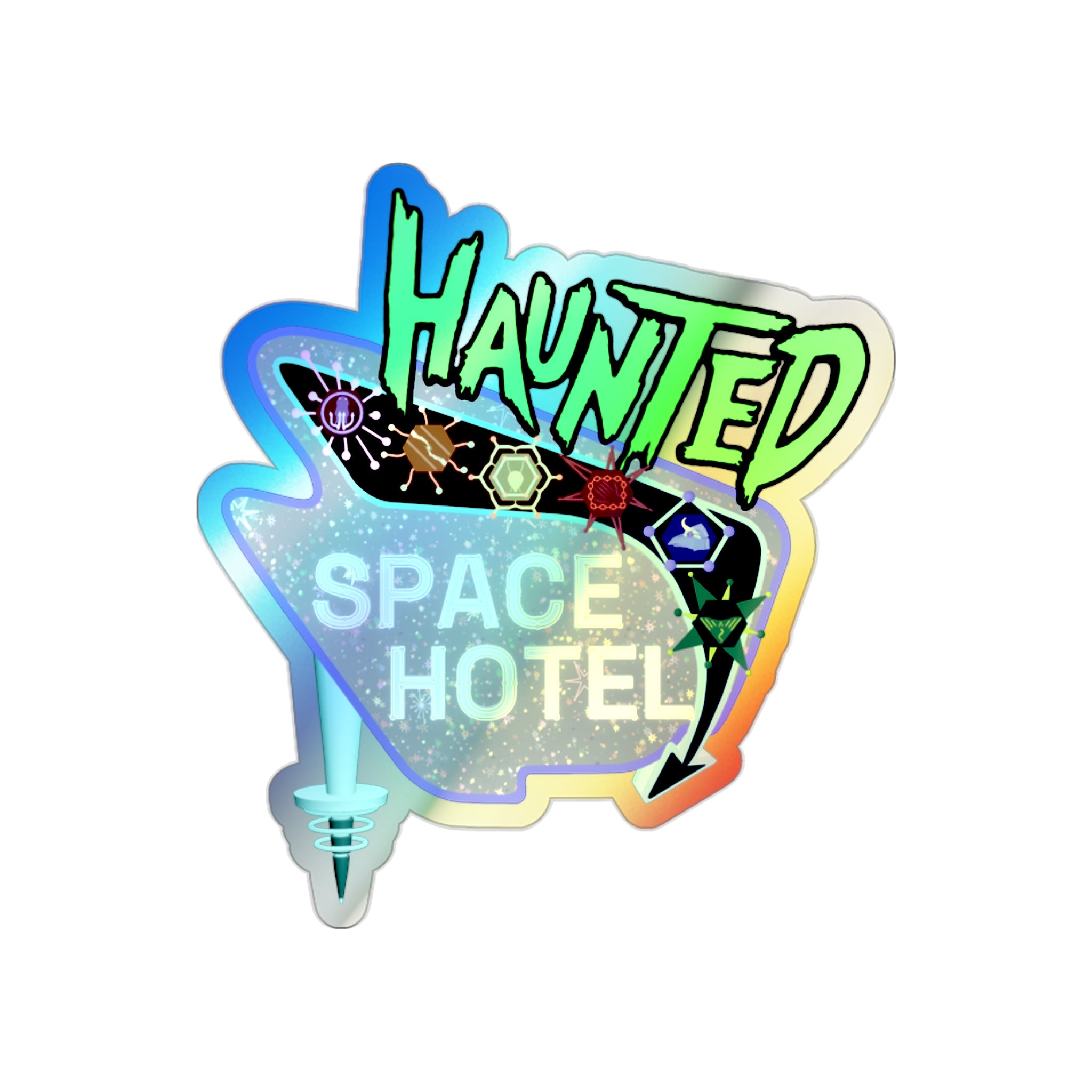 Holographic "Haunted Space Hotel" Die-Cut Sticker — Retro Neon Sci‑Fi Decal