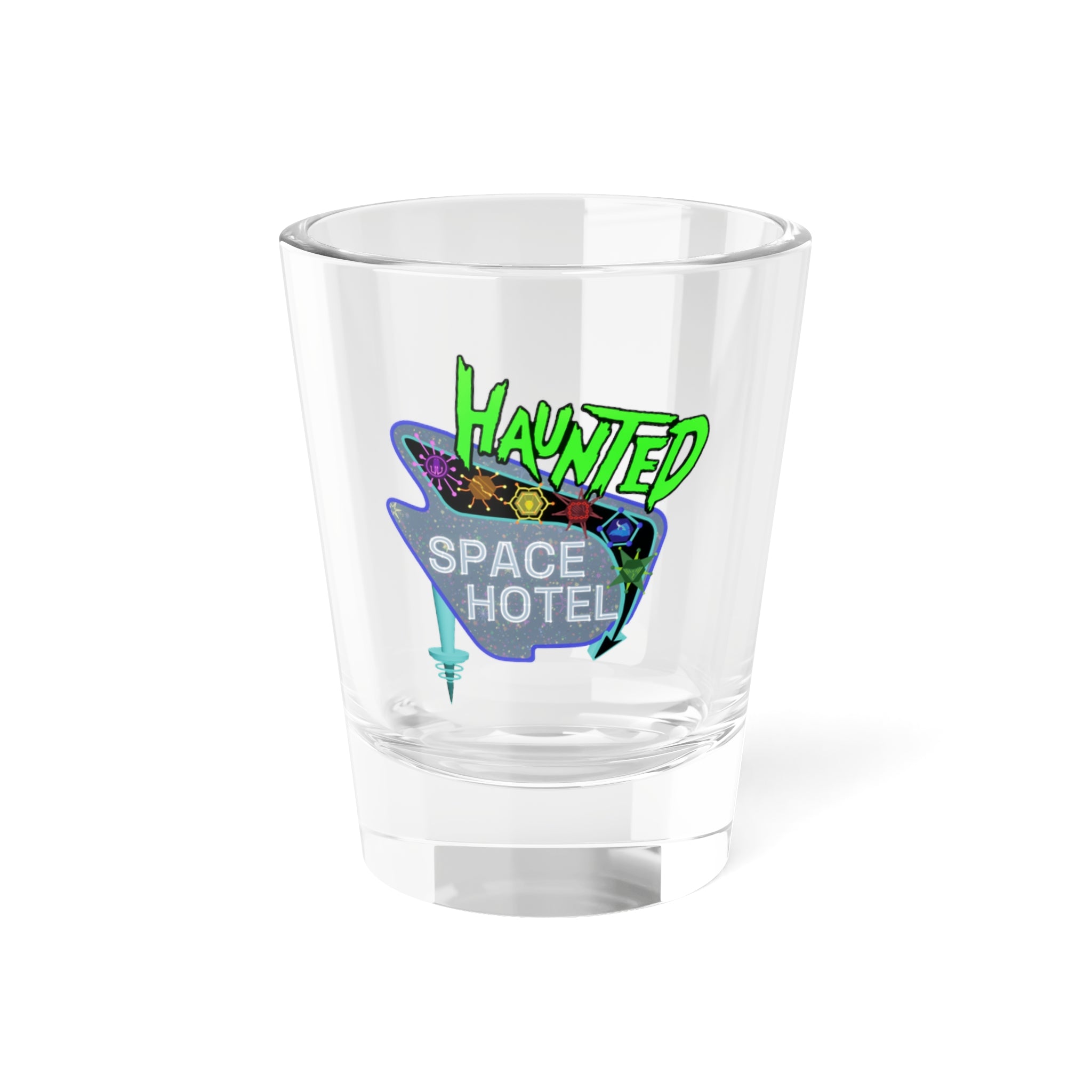 Haunted Space Hotel Shot Glass — Neon Alien Retro 1.5oz