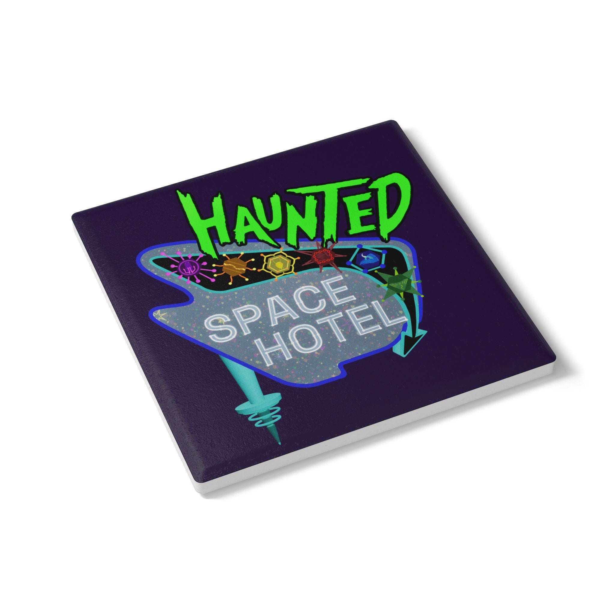 Haunted Space Hotel Ceramic Coaster — Retro Neon Sci‑Fi Drink Coaster