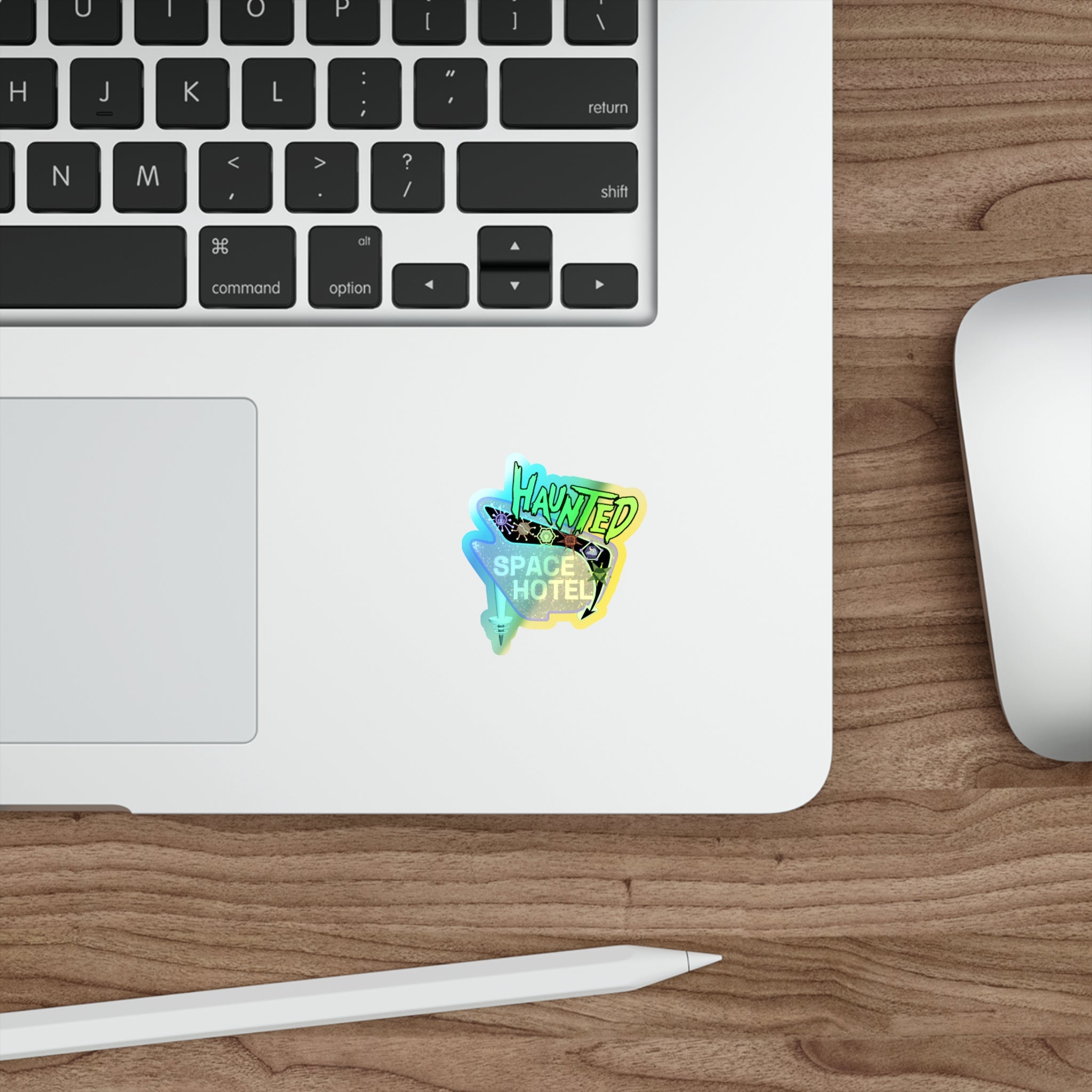 Holographic "Haunted Space Hotel" Die-Cut Sticker — Retro Neon Sci‑Fi Decal